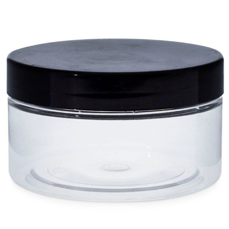 Descubre el tarro 100 ml transparente con tapa negra en Gran Velada. Ideal para cremas, exfoliantes y más. ¡Compra ahora! - Cómo