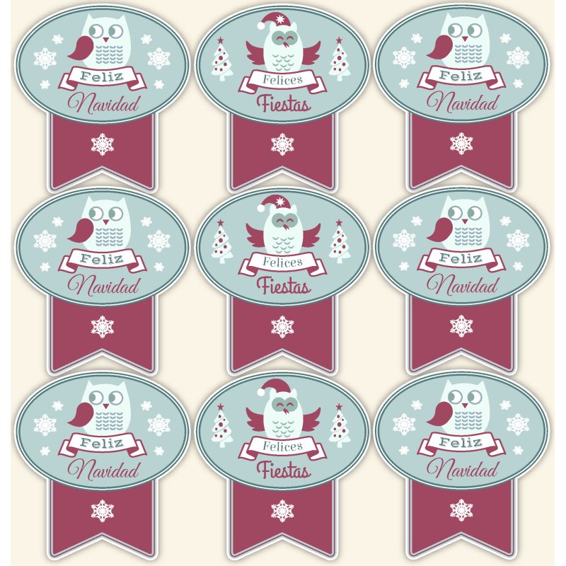 Pegatinas de buhos para Navidad. Tienda online de pegatinas para regalos, packaging... Somos fabricantes. Venta al mayor y menor