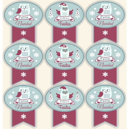 Pegatinas de buhos para Navidad. Tienda online de pegatinas para regalos, packaging... Somos fabricantes. Venta al mayor y menor
