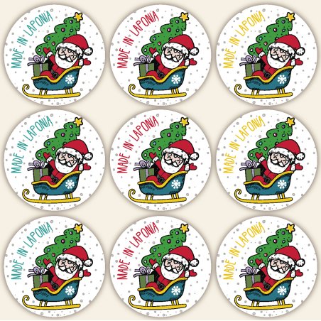 En Gran Velada puedes comprar pegatinas, como este modelo de Navidad de Papá Noel "Hecho en Laponia". Amplio catálogo. Envíos rá