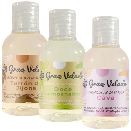 Pack ahorro esencias Año Nuevo. Incluye turrón de Jijona, cava y 12 campanadas. Perfuma tus creaciones DIY con fragancias festiv