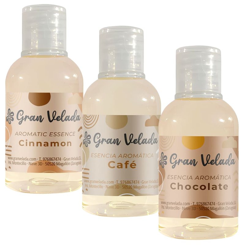 Pack ahorro de esencias gourmet en Gran Velada. Fragancias de chocolate, café y canela para cosméticos y ambientadores. ¡Compra 
