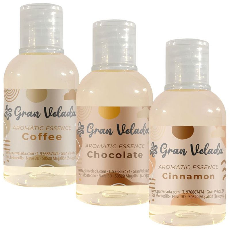 Pack ahorro de esencias gourmet en Gran Velada. Fragancias de chocolate, café y canela para cosméticos y ambientadores. ¡Compra 