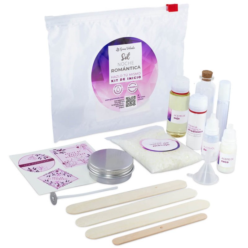 Compra el kit set noche romántica en Gran Velada. Crea una vela, un aceite de masaje y un perfume afrodisíaco. Incluye materiale
