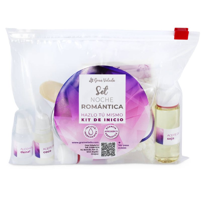 Compra el kit set noche romántica en Gran Velada. Crea una vela, un aceite de masaje y un perfume afrodisíaco. Incluye materiale