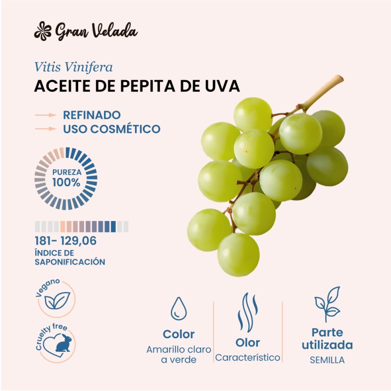 En Gran Velada puedes comprar aceite de pepita de uva para cosmetica y disfrutar de sus propiedades. Venta al por mayor y menor.