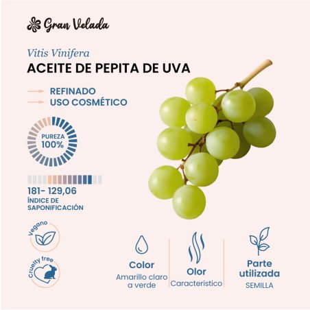 En Gran Velada puedes comprar aceite de pepita de uva para cosmetica y disfrutar de sus propiedades. Venta al por mayor y menor.