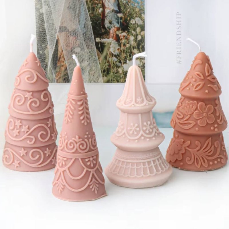 Molde arbolito de Navidad decorado en silicona, ideal para hacer velas y manualidades. Flexible, antiadherente y reutilizable. ¡