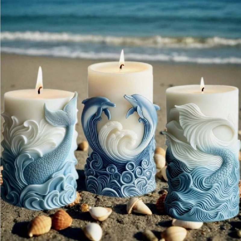 Crea velas temáticas con el molde cirio marino. Diseño con relieves de olas y cola de sirena. Silicona flexible y antiadherente 