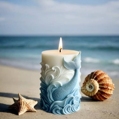 Crea velas temáticas con el molde cirio marino. Diseño con relieves de olas y cola de sirena. Silicona flexible y antiadherente 