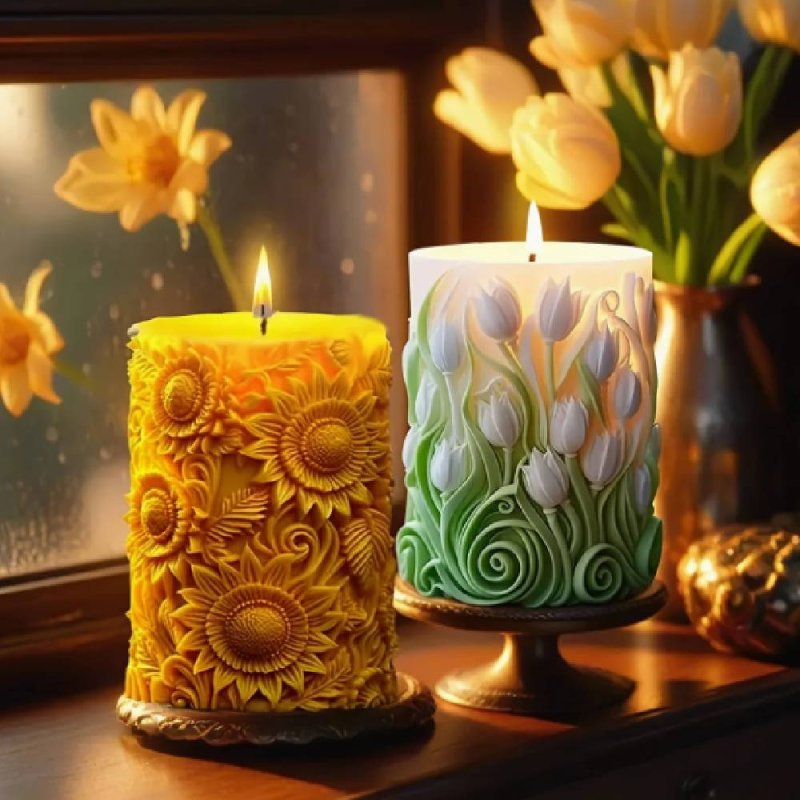 Molde cirio tulipanes de silicona. Crea velas con relieves florales elegantes y detallados. ¡Ideal para diseños artesanales en G