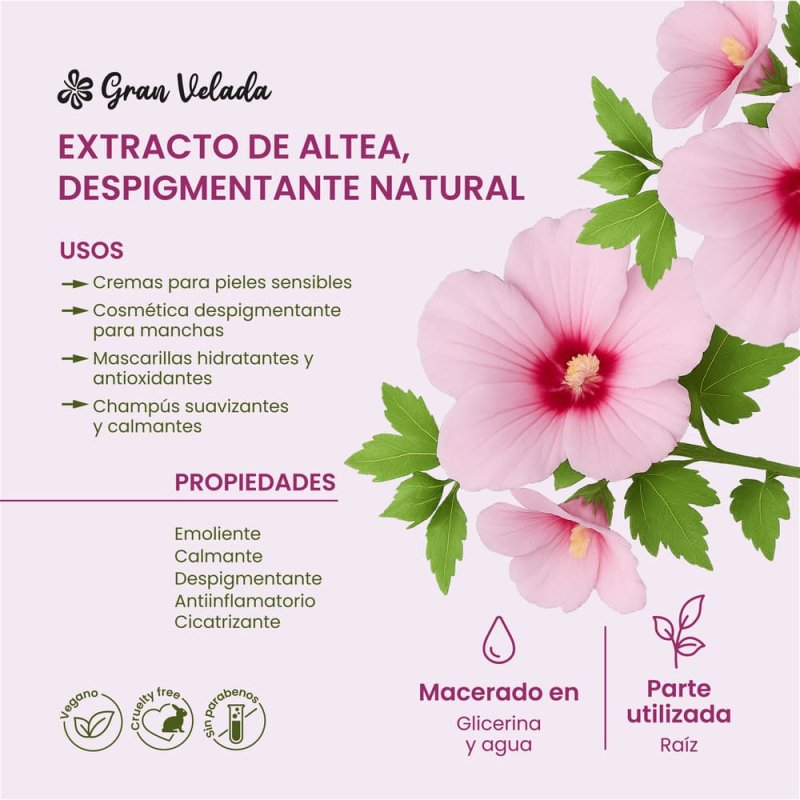 Extracto de altea eco para hacer productos despigmentantes, antiinflamatorios y cicatrizantes. Es hidrosoluble. ¡Muy fácil de us