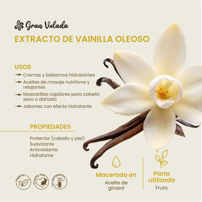 Compra extracto de vainilla oleoso en Gran Velada. Propiedades antioxidantes y suavizantes, ideal para cremas, pomadas y product