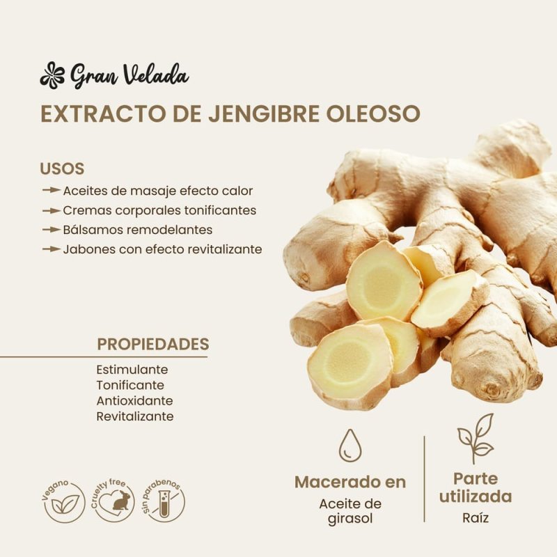 Extracto oleoso de jengibre. Tonificante y revitalizante, ideal para masajes y cuidado corporal. ¡Potencia tu cosmética natural 