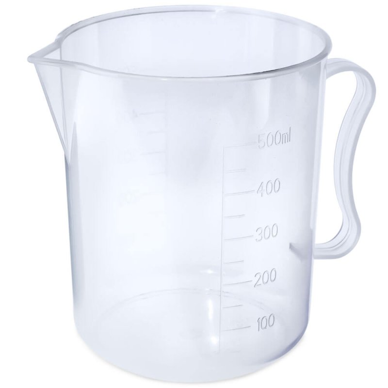 Jarra medidora 500 ml con pico y asa. Graduada 100–500 ml y 500 g, apta para microondas y 100% reciclable. Ideal para cremas, ja