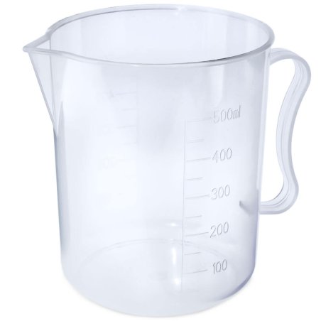 Jarra medidora 500 ml con pico y asa. Graduada 100–500 ml y 500 g, apta para microondas y 100% reciclable. Ideal para cremas, ja