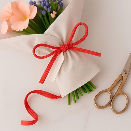 Rollo de cinta de rafia de color rojo, perfecta para hacer coquetos lazos, decorar regalos y detalles de comunion. Puedes compra