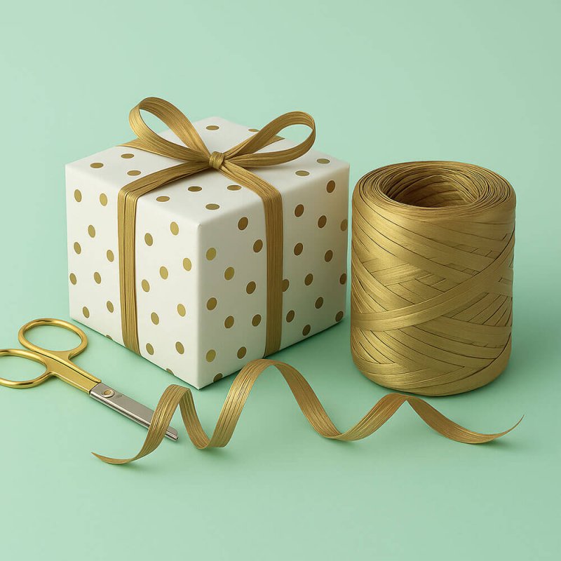 Comprar en Gran Velada cinta de rafia metalizada dorada, ideal para hacer lazos y decorar regalos y detalles de boda. Envios rap
