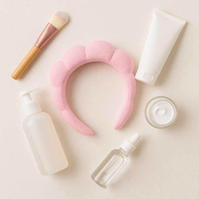 Diadema rosa suave y elástica para sujetar el cabello durante la limpieza facial, maquillaje o tratamientos de spa. Cómoda, lige