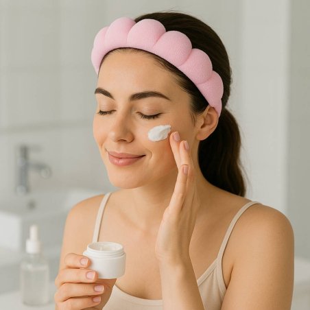 Diadema rosa suave y elástica para sujetar el cabello durante la limpieza facial, maquillaje o tratamientos de spa. Cómoda, lige