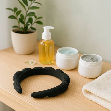 Diadema negra suave y elástica para sujetar el cabello durante la limpieza facial, maquillaje o tratamientos de spa. Cómoda, lig