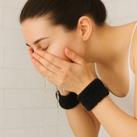 Muñequeras negras de rizo, cómodas y reutilizables, que evitan que el agua resbale durante la limpieza facial. Ideales para skin