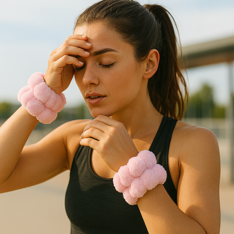 Muñequeras rosas de rizo, cómodas y reutilizables, que evitan que el agua resbale durante la limpieza facial. Ideales para skinc