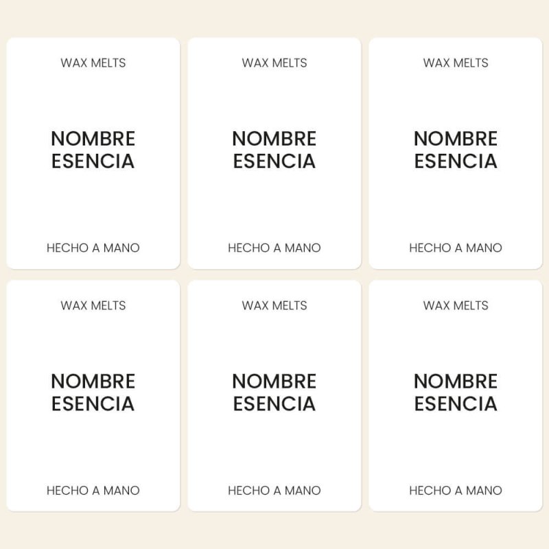 Compra etiquetas para wax melts en Gran Velada. Personalizables, resistentes y elegantes. Ideales para dar un toque profesional 