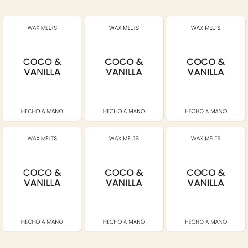 Compra etiquetas para wax melts en Gran Velada. Personalizables, resistentes y elegantes. Ideales para dar un toque profesional 
