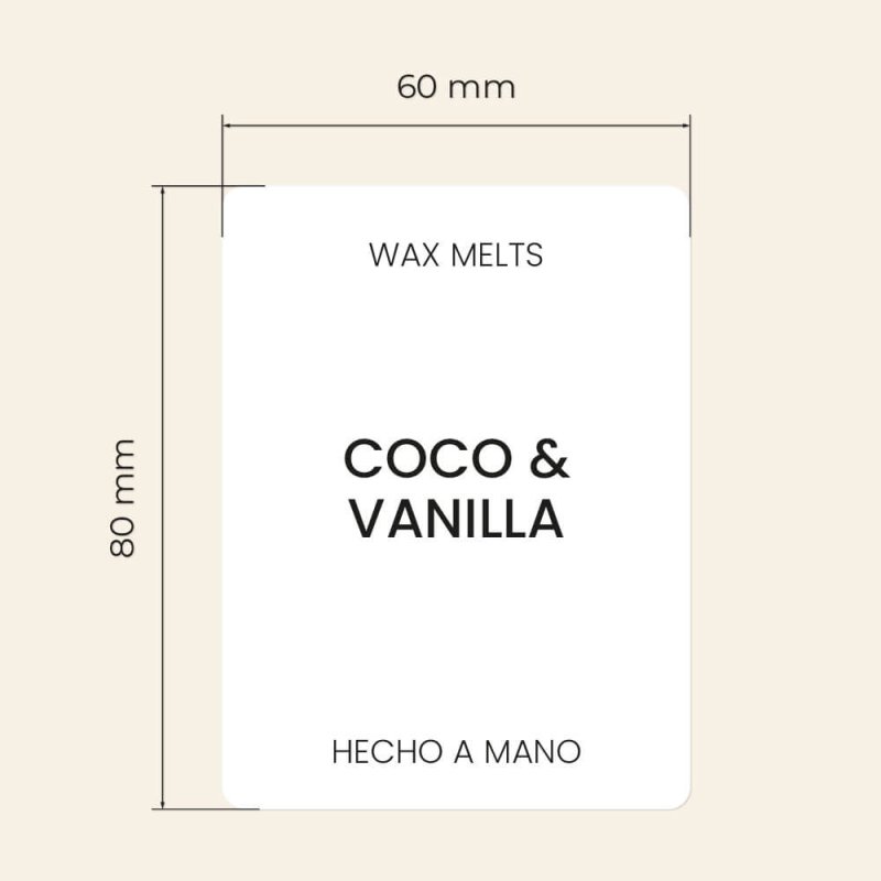 Compra etiquetas para wax melts en Gran Velada. Personalizables, resistentes y elegantes. Ideales para dar un toque profesional 