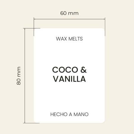 Compra etiquetas para wax melts en Gran Velada. Personalizables, resistentes y elegantes. Ideales para dar un toque profesional 