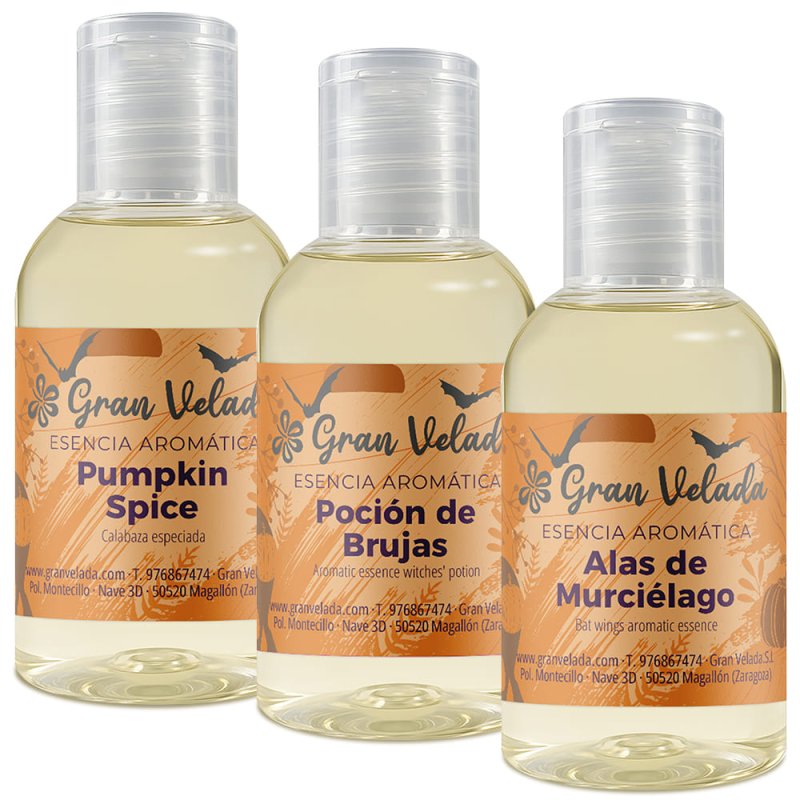 Pack ahorro con 3 esencias aromáticas de Halloween. Calabaza especiada, alas de murciélago y poción de brujas. ¡Perfuma tus crea