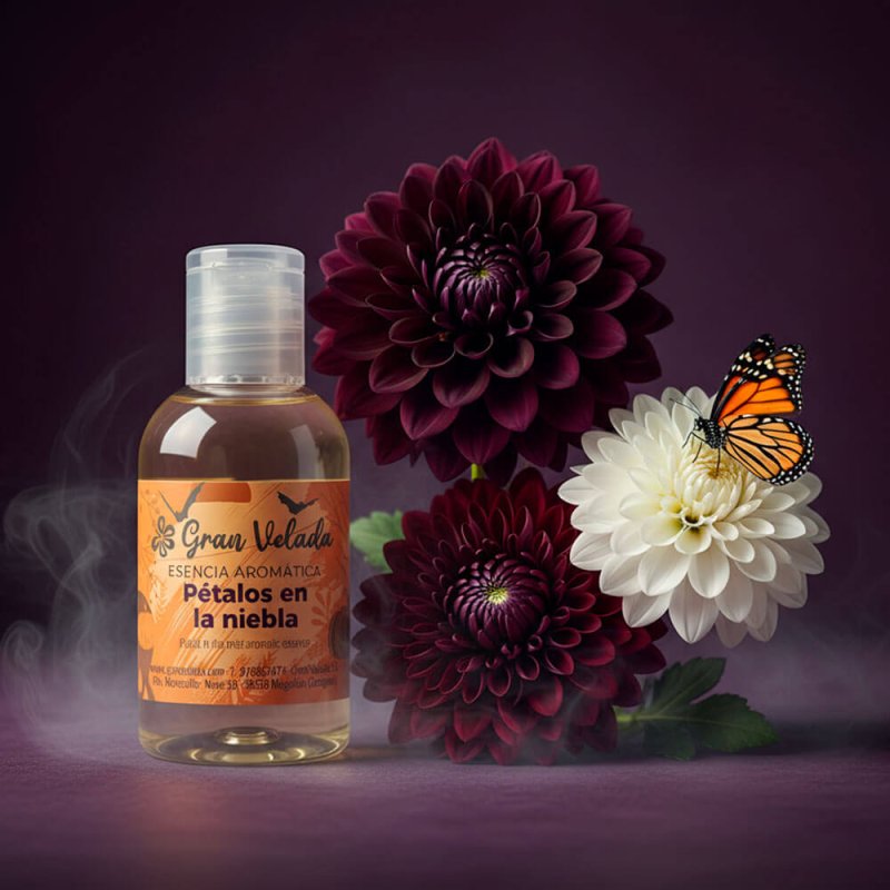Esencia pétalos en la niebla, floral y misteriosa. Perfuma velas y cosméticos con un toque envolvente. ¡Ideal para Halloween en 