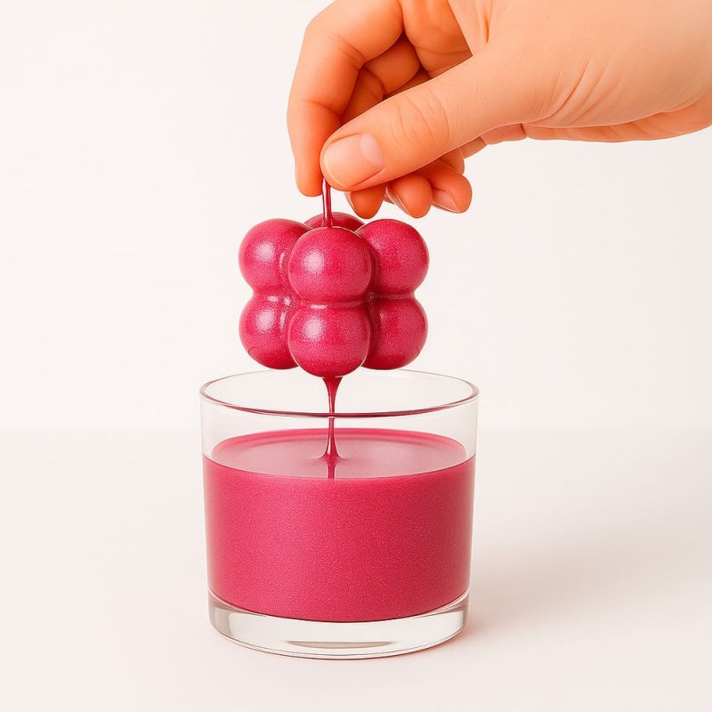 En Gran Velada puedes comprar barniz para velas. Amplio surtido de colores, como este rosa con destellos de purpurina. Facil de 