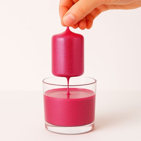 En Gran Velada puedes comprar barniz para velas. Amplio surtido de colores, como este rosa con destellos de purpurina. Facil de 