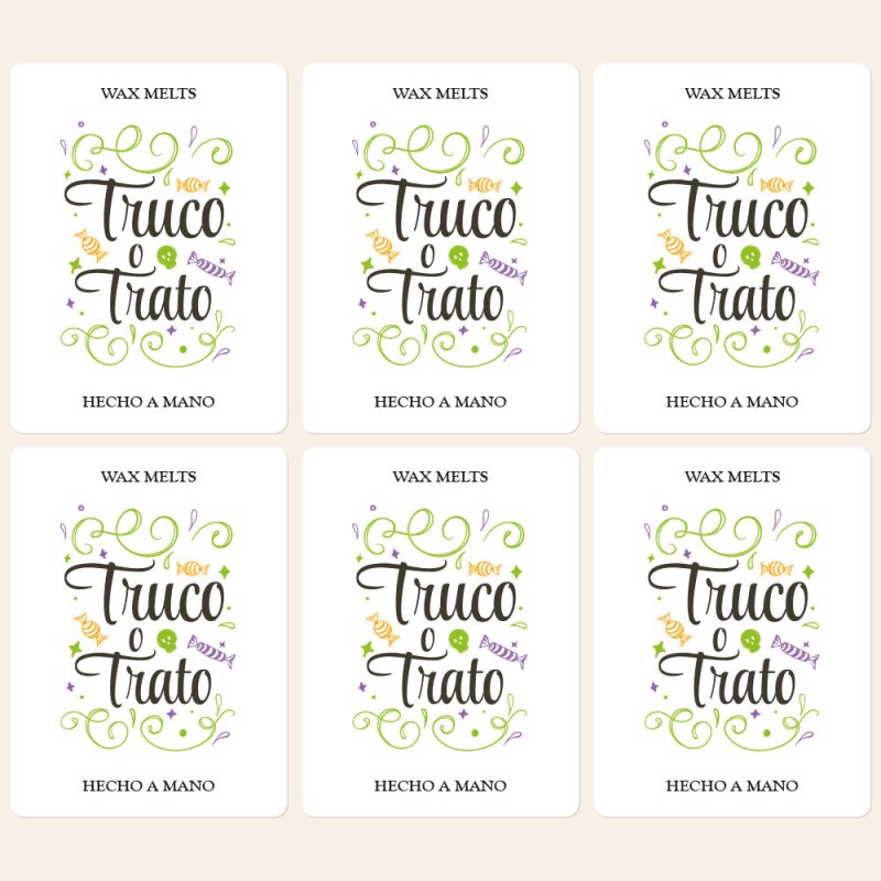 Dale un toque divertido y profesional a tus wax melts con este pack de 6 pegatinas Halloween “Truco o trato” en colores vivos. ¡