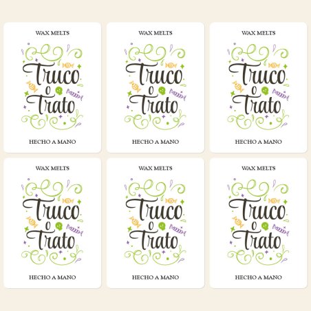 Dale un toque divertido y profesional a tus wax melts con este pack de 6 pegatinas Halloween “Truco o trato” en colores vivos. ¡