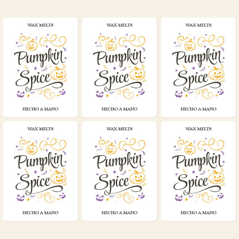 Pack de 6 pegatinas “Pumpkin Spice” para wax melts. Diseño Halloween atractivo y profesional, perfecto para decorar clamshells y