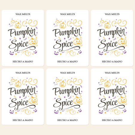 Pack de 6 pegatinas “Pumpkin Spice” para wax melts. Diseño Halloween atractivo y profesional, perfecto para decorar clamshells y