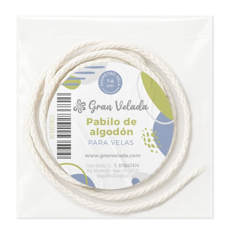 En Gran Velada puedes comprar mechas para hacer velas, como esta de algodón y eucalipto 7-8 cm. Variedad de grosores y materiale
