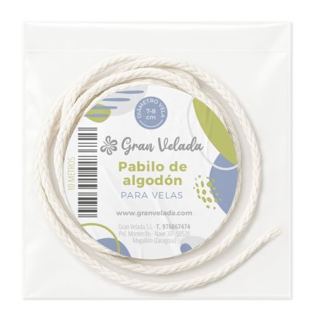 En Gran Velada puedes comprar mechas para hacer velas, como esta de algodón y eucalipto 7-8 cm. Variedad de grosores y materiale