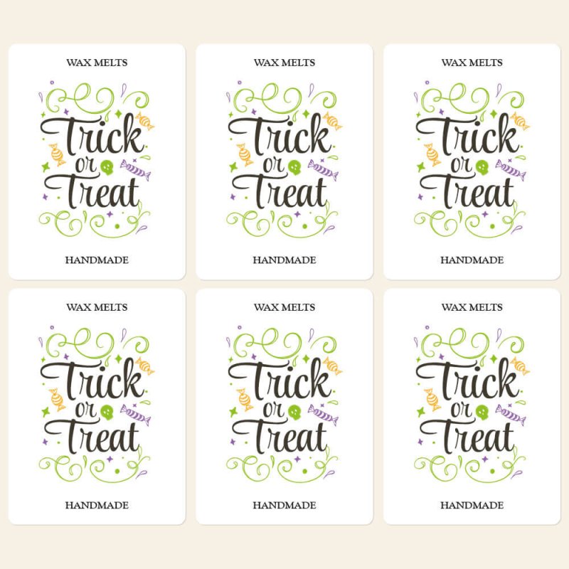 Dale un toque divertido y profesional a tus wax melts con este pack de 6 pegatinas Halloween “Truco o trato” en colores vivos. ¡
