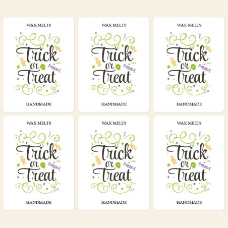 Dale un toque divertido y profesional a tus wax melts con este pack de 6 pegatinas Halloween “Truco o trato” en colores vivos. ¡