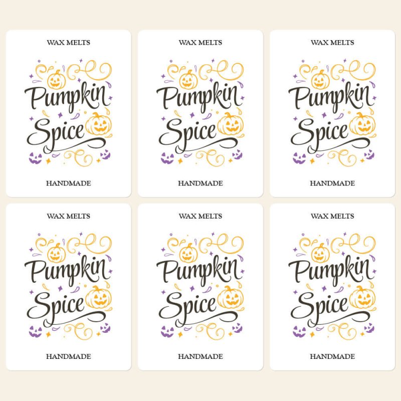 Pack de 6 pegatinas “Pumpkin Spice” para wax melts. Diseño Halloween atractivo y profesional, perfecto para decorar clamshells y