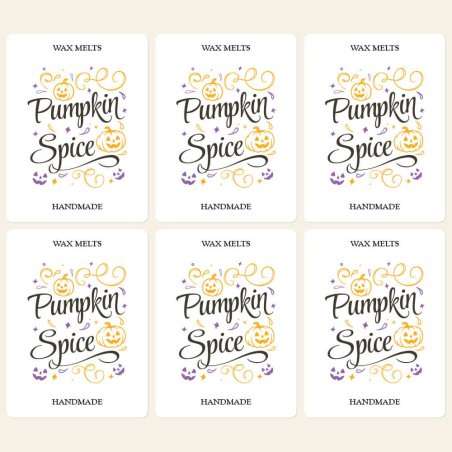 Pack de 6 pegatinas “Pumpkin Spice” para wax melts. Diseño Halloween atractivo y profesional, perfecto para decorar clamshells y