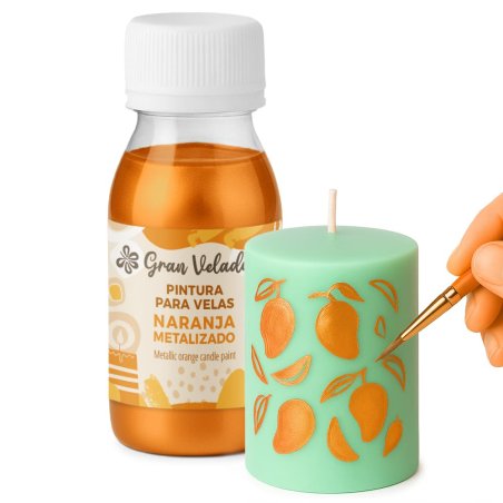 Decora tus velas con pintura naranja claro metalizado. De secado rápido y fácil aplicación, ideal para velas y fanales DIY. ¡Com