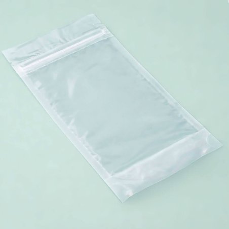 Bolsa de polipropileno, transparente y estable, con base y cierre zip. Tamaño 110×185×65 mm. Ideal para sales, polvos y producto
