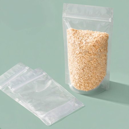 Bolsa de polipropileno, transparente y estable, con base y cierre zip. Tamaño 110×185×65 mm. Ideal para sales, polvos y producto