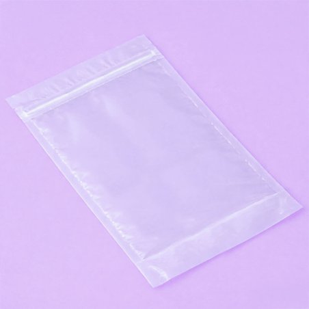 Bolsa de polipropileno, transparente y estable, con base y cierre zip. Tamaño 160 x 270 x 80 mm. Ideal para sales, polvos y prod