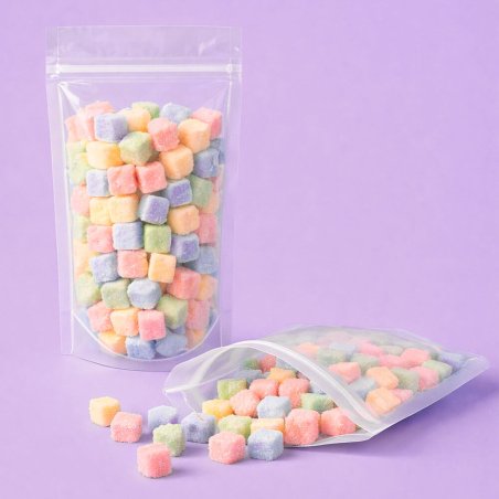Bolsa de polipropileno, transparente y estable, con base y cierre zip. Tamaño 160 x 270 x 80 mm. Ideal para sales, polvos y prod